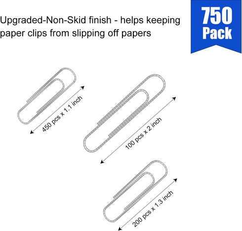 JIKIOU 750 Paper Clips, Upgraded-Non-Skid Paper Clips Medium and Jumbo Size for Office School and Personal Use Paperwork(28 mm,33mm,50 mm), Silver...