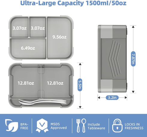 Bento Box Lunch Containers for Kids, Adult - Stackable Lunch Box with Utensil Set & 7 Compartments, 50oz/1500ml, 100% Leak-proof, BPA-free, Microw...