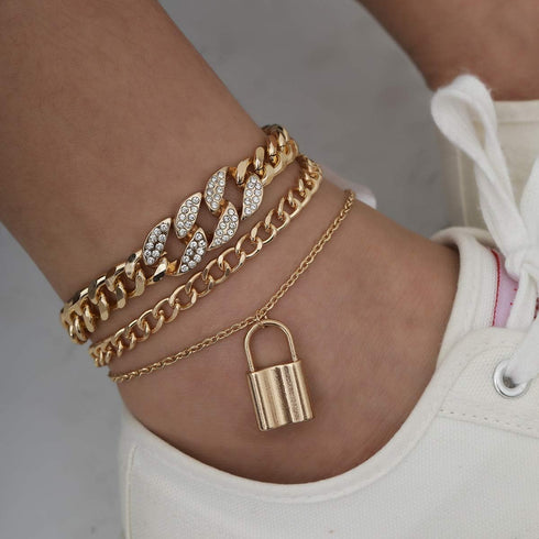 Boho Vintage Rhinestones Chunky Ankle Bracelets Gold Chain Beach Lock Anklet Bracelet Simple Adjustable Anklet Set for Women 3Pcs...