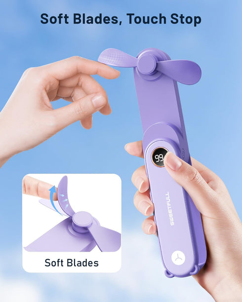 SWEETFULL Portable Handheld Mini Fan with LED Display, 2-in-1 Personal Foldable USB Rechargeable Hand Held Fan & Flashlight for Travel, Lash Eyela...