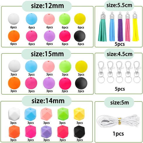 131 PCS Silicone Beads for Keychain Making Kit,12mm 15mm Round 14mm Polygonal Rubber Beads Multicolor Bulk Silicone Loose Beads for DIY Necklace B...