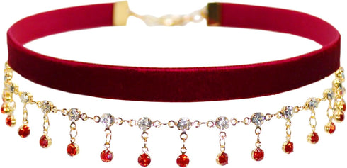 14K Gold Plated Ruby Red Layered Velvet Choker Necklace for Women Double Chain Indian Chokers Necklaces Goth Vampire Chocker Boho Chokers Statemen...