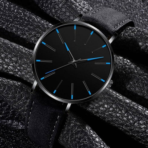 Mens Watches Minimalist Black Business Simple Casual Leather Quartz Watches for Men Blue Pointer...