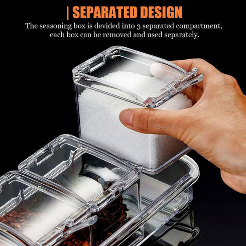 V·RESOURCING Clear Seasoning Box, 3 Pieces Seasoning Rack Spice Pots Storage Container for Spice Salt Sugar Cruet Liquid,Condiment Jars with 3 Spo...