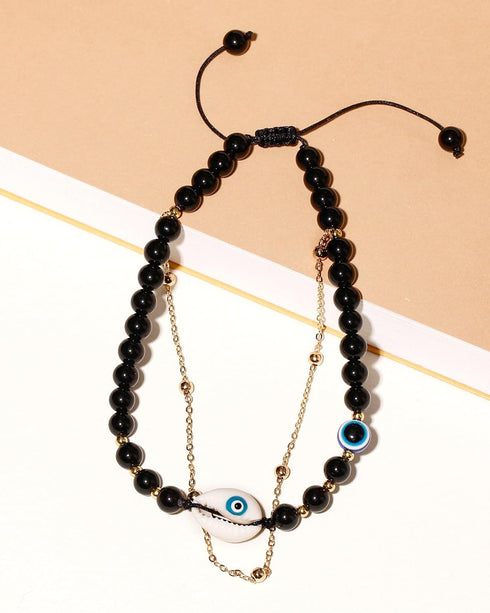 Summer Beach Shell Anklet Jewelry Protection Evil Eye Beaded Natural Obsidian Ankle Bracelets for Women Layered 14k Gold Plated Foot Chain 6mm...