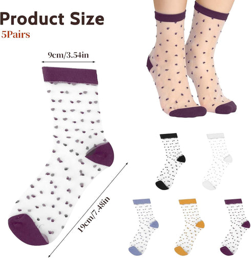 5 Pairs See-Through Socks Colorful Striped Dot Ultra-Thin Glass Socks Sheer Socks Mesh Casual Lace Socks Thin Fishnet Socks for Women...