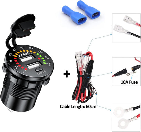 iMESTOU Car Charger Dual USB 4.8A Waterproof with LED Digital Voltemeter & Switch ON/Off for 12V/24V Marine, Boat, Motorcycle, Golf Cart, Truck an...