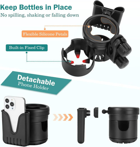 Zooawa Stroller Cup Holder with Phone Holder, 3-in-1 Removable Bottle Holder, 360 Degrees Rotation Drink Holder, Univeral Baby Bottle Organizer fo...