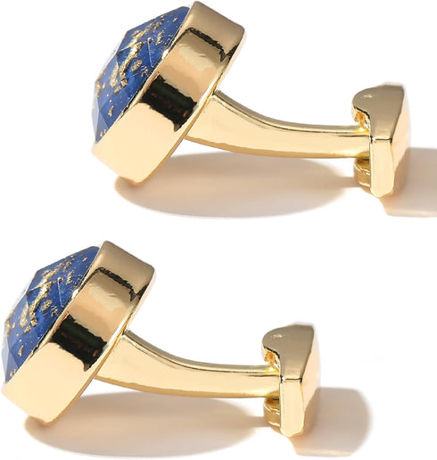 Polyhedral Blue/Black Gemstone Round Cufflinks for Men In Gift Case Golden/Silver Tone Unisex Cufflinks Jewelry Set for Wedding Party Anniversary ...