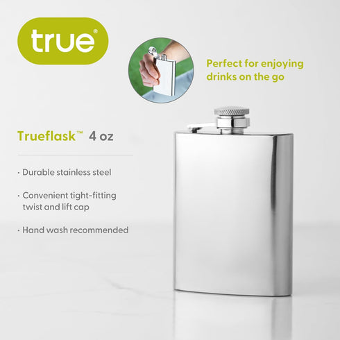 True 4 oz Stainless Steel Flask, Compact and Durable Hip Flask with Twist-and-Lift Lid, Drinking Flasks for Vodka Whiskey Tequila Rum Cocktails, T...