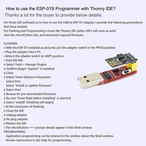 ESP-01S Programmer USB to ESP-01 Adapter ESP8266 Wireless WiFi Module Wi-Fi CH340G UART PORG, 4.5-5.5V 115200 Baud Rate 2PCS...