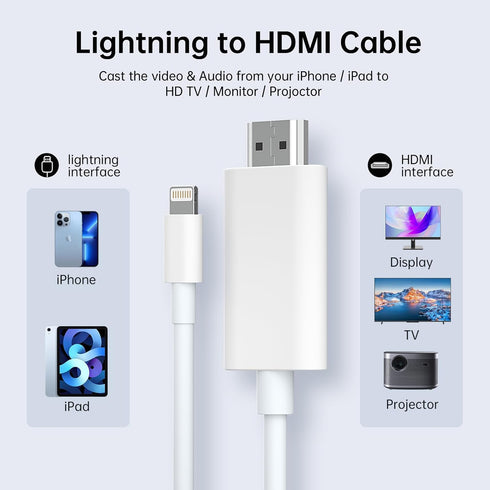 HDMI Cable for iPhone(No Need Power Lightning to HDMI cable), Digital AV Adapter 1080P HD Video Sync Screen Connector iPhone to HDMI for TV Projec...