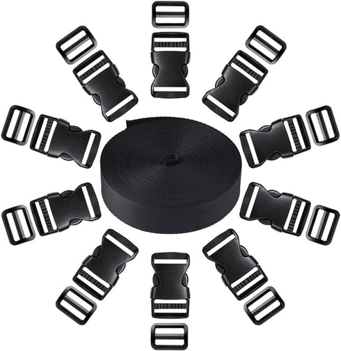 Coopay 1 Inch Plastic Buckles Kit Include 11 Yards Black Nylon Webbing Strap, 10 Pack Quick Side Release Black Buckles and 10 Pack Tri-glide Slide...