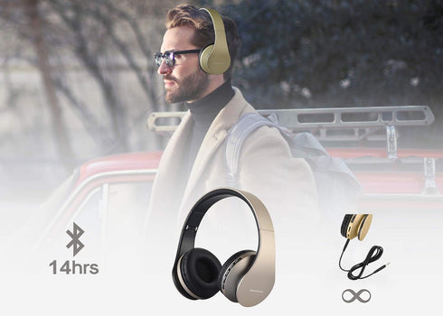 PowerLocus Wireless Bluetooth Over-Ear Stereo Foldable Headphones, Wired Headsets Rechargeable with Built-in Microphone for iPhone, Samsung, LG, i...