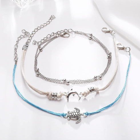 Boho Turtle Ankle Bracelet Silver Dolphin Braided Anklet Bracelet Layered Turtle Woven Rope Anklets Vintage Satellite Ball Anklet Foot Chain Jewel...
