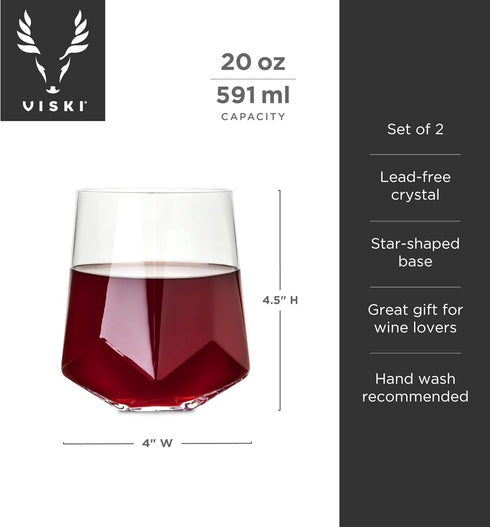 Viski Raye Faceted Crystal Wine Glasses Set of 2, No-Lead Premium Crystal Clear Glass, Modern Stemless, Wine Glass Gift Set, 20 oz...