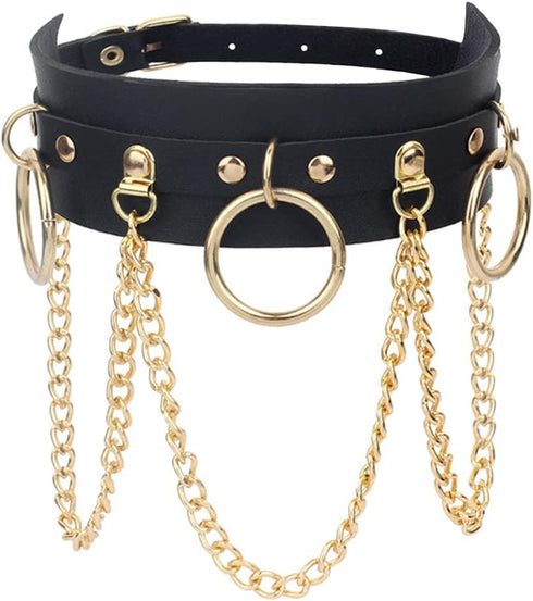 Punk Goth Choker Necklace Adjustable PU Leather Chain Alloy O-Ring Tassel Pendant Choker Vintage Circle Clavicle Collar Halloween Cosplay Costume ...