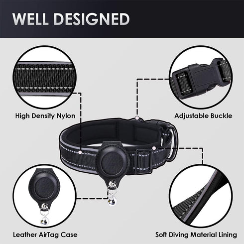 Reflective AirTag Dog Collar, Heavy Duty Padded Puppy Collar with AirTag Holder, Adjustable Air Tag Pet Collar for Small Medium Large Dogs, Black,...