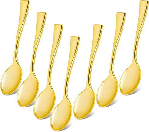 Qeirudu 4 Inch Gold Plastic Mini Spoons, 100 Pack Disposable Tasting Spoons Heavy Duty Small Dessert Spoons for Party Dessert Shooters, Food Sampl...