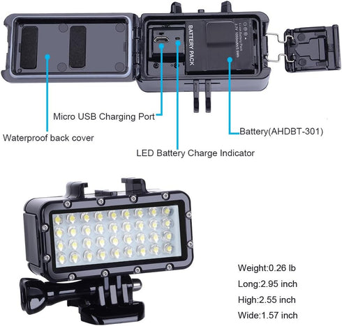 Suptig Diving Light High Power Dimmable Waterproof LED Video Light Fill Night Light Diving Underwater Light Waterproof 147ft for Gopro Hero 13/Her...