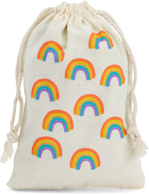 12-Pack Rainbow Party Favor Bags, Mini Canvas Drawstring & Treat Pouches, Supplies for Kids Birthdays, Unicorn Celebrations, and Gold-Glitter Rain...