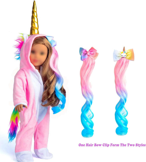 18 Inch Doll Clothes Unicorn Onesie Pajamas Rainbow Color Hair Bow Clips Costume Fits 18 Inch Doll (Doll Not Included)...