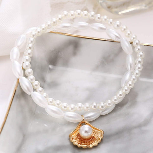 Boho Pearl Anklet Layered Ankle Bracelets Beaded Scallop Pendant Foot Chain Jewelry for Women...