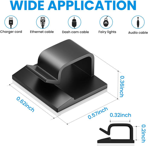 30 Pcs Small Black Adhesive Cable Clips for Cord Management Under Desk Nightstand Phone PC Charger Plug Speaker TV Cord Holder Keeper Hook Wall Wi...
