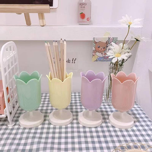 Purple Pen Holder for Desk, Plastic Tulip Pen Holder Girl Small Makeup Box Cute Stationery Organizer Pencil Stand Case Pencil Cups Desktop Decorat...