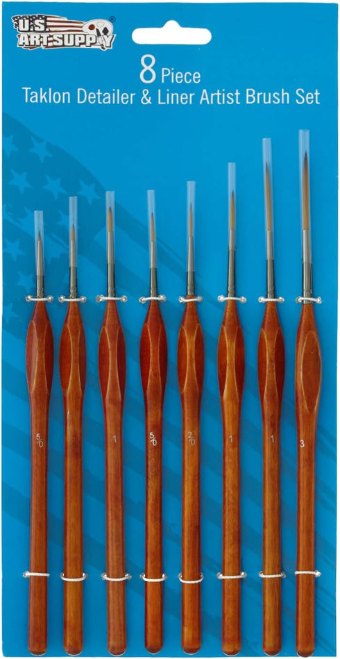U.S. Art Supply 8 Piece Taklon Detail and Liner Artist Brush Set with Wood Comfort Grip Handles - Art, Detailing, Acrylic, Oil, Watercolor...