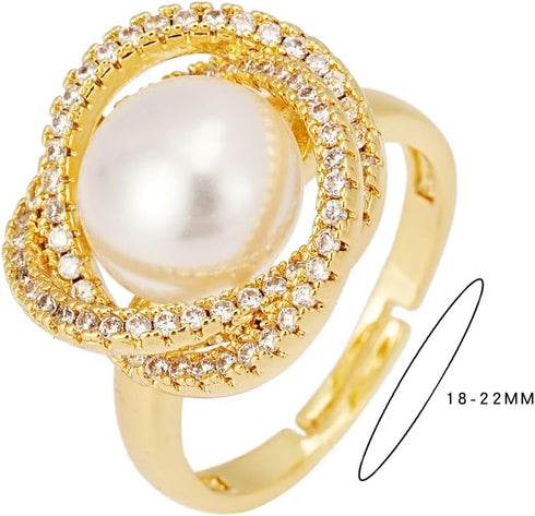 Sylph 18K Gold Plated Pearl Adjustable Ring with Zirconia – Elegant Jewelry for Women – Adjustable Luxury Wedding Statement Ring Open Ring Flexibl...