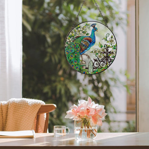 Peacock Stained Glass Suncatcher Window Wall Hanging Decor Ornament 6.5''*6.5'', Hand-Painted Sun Catcher Glass Panel Decor Art Home Garden Decor ...