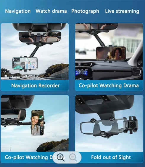 Phone Mount for Rear View Mirror, Hands Free, Compatible Apple + Samsung, 360 Degree, Rotatable and Retractable...