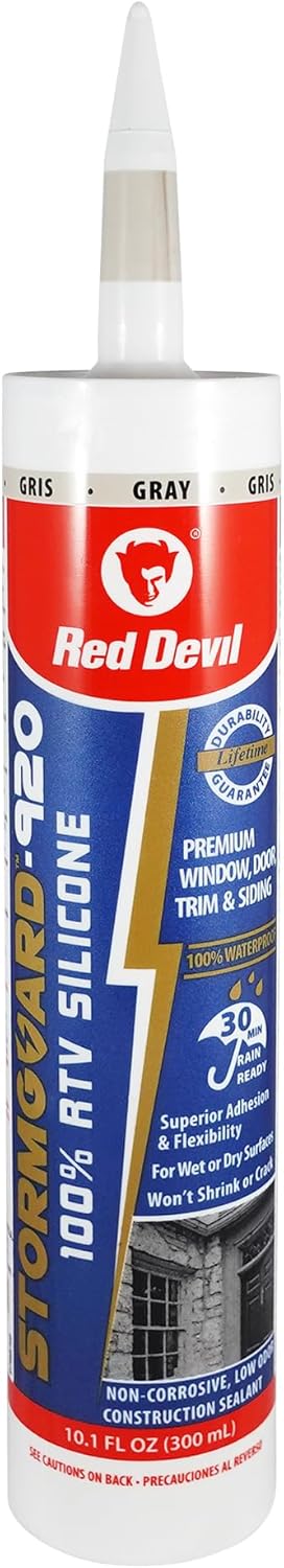 Red Devil 078050 StormGuard 920 100% RTV Silicone Window and Door Sealant, A Water-Resistant Adhesive for Interior and Exterior Use, 10.1 oz. Tube...