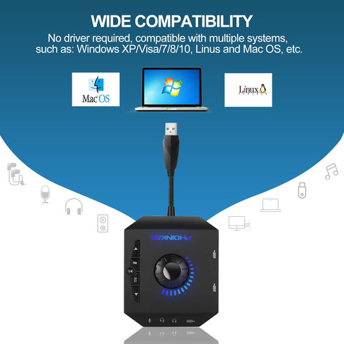 T10 External Sound Card, PHOINIKAS USB Audio Adapter for PC Windows, Mac, Linux, Laptops, Desktops, Stereo Sound Card with 3.5mm Interface & USB I...
