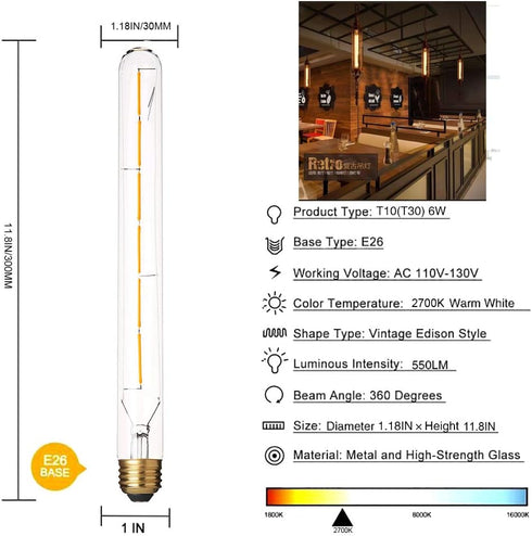 Dimmable Edison T10(T30) LED Tubular Bulb 6W,Warm White 2700K,T300 Long Tube Light Bulbs,Vintage LED Filament Bulbs 60 Watt Equivalent,E26 Base, 5...
