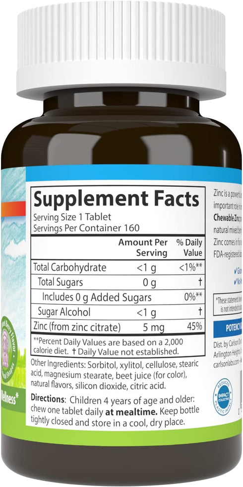 Carlson - Kid's Chewable Zinc, 5 mg, Health Support, Natural Mixed Berry Flavor, 160 Tablets...