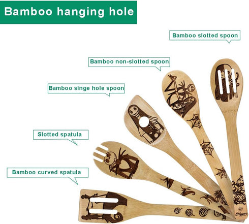 Nightmare Wooden Spoons Great Utensil Set Fun Idea Serving Utensils Burned Bamboo Spoons Kitchen House Warming Present Slotted Spoon 5 Piece...