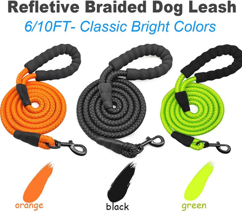 6FT 10FT Strong Dog Leash Black Rope Leash Highly Reflective Threads with Soft Padded Handle for Small Medium Large Dogs (10ft-black-1/2)...