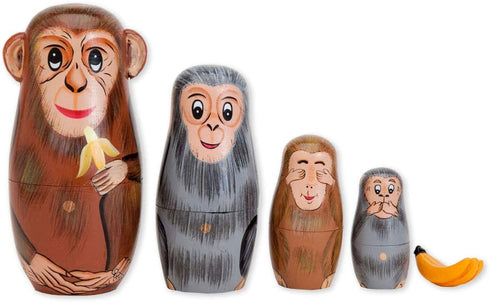 Bits and Pieces - Nesting Monkeys - Hand Painted Wooden Nesting Dolls - Matryoshka - Set of 5 Dolls from 6" Tall...