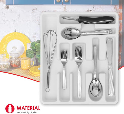Home Basics 7 Molded Compartments Plastic Cutlery Tray (White) | Flatware and Extra Utensils Organizer | Deep Compartments | Heavy Duty | Round Co...