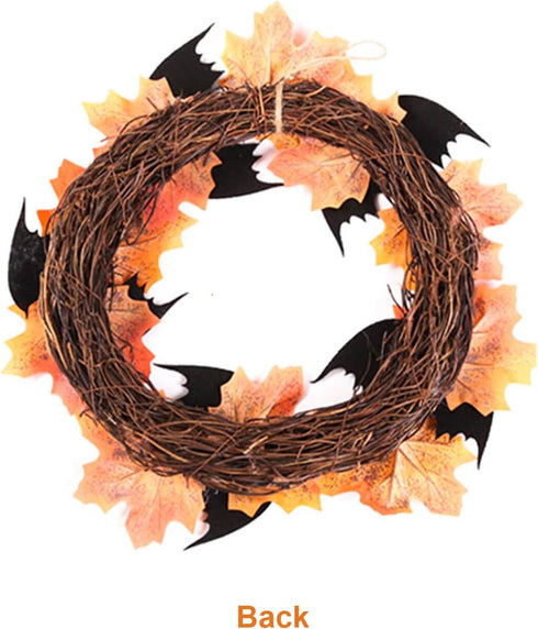 Orgrimmar 10” Halloween Maple Wreath Garland Artificial Maple Leaf Bats Vines Door Hanging for Halloween Party Thanksgiving Harvest’s Day Decorati...