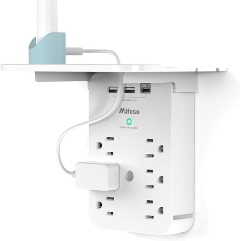 Wall Outlet Extender with Surge Protector, 6 AC Outlets, Shelf, 2 USB & USB C Charging Ports - Home & Dorm Plug Expander...