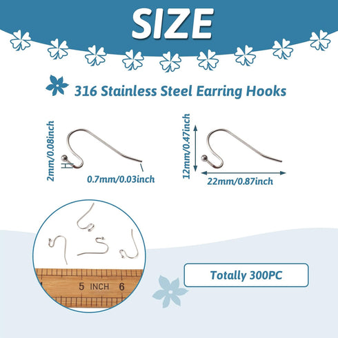 Pandahall 300pcs Stainless Steel Earring Hooks Surgical Hook Earwire with Ball End Fish Ear Wire for Jewelry Making 22x12x2mm...
