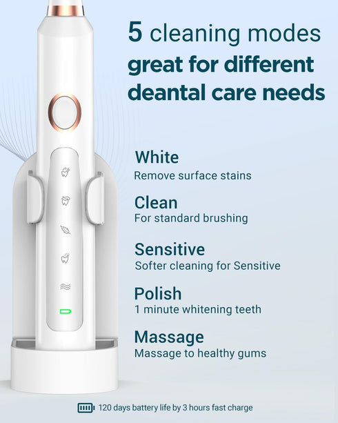 Rtauys M5 Sonic Electric Toothbrush for Adults - Rechargeable Electric Toothbrushes with 8 Brush Heads & Travel Case,Power Electric Toothbrush wit...