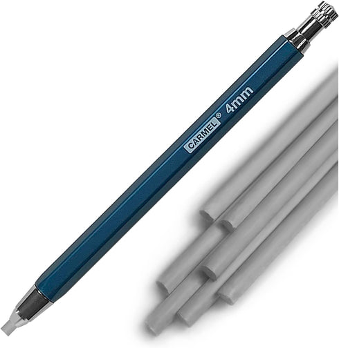 Carmel 4mm Mechanical Grease Pencil + 25 Lead Refills (Silver), Clutch Pencil with Thick Waxy Leads, 4mm Lead Holder for Drawing, Wax Pencil for H...
