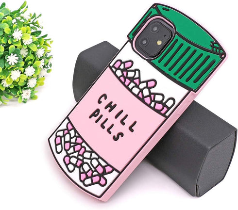 iPhone 11 Case, Cute Funny 3D Cartoon Chill Pills Capsule Bottle Shaped Soft Silicone Full Protection Shockproof Back Cover Cases Skin for Kids Gi...