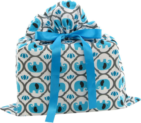 VZWraps Elephants Reusable Fabric Gift Bag for Baby Shower, Child’s Birthday, or Any Occasion (Medium 17 Inches Wide by 18.5 Inches High, Turquois...