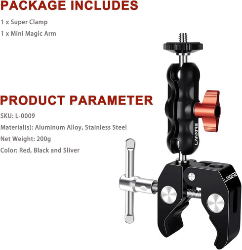 Super Clamp Camera Mount with Double Ball Head Adapter - Compatible with Canon Nikon DSLR, Gopro, LED Lights, Ronin-M/MX, Freefly MOVI - 360° Rota...