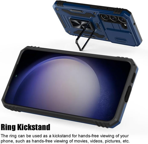 for Samsung Galaxy S23 Case, Shockproof Phone Case with Sliding Camera Cover & Rotatable Ring Holder Kickstand + Tempered Glass Screen Protector f...